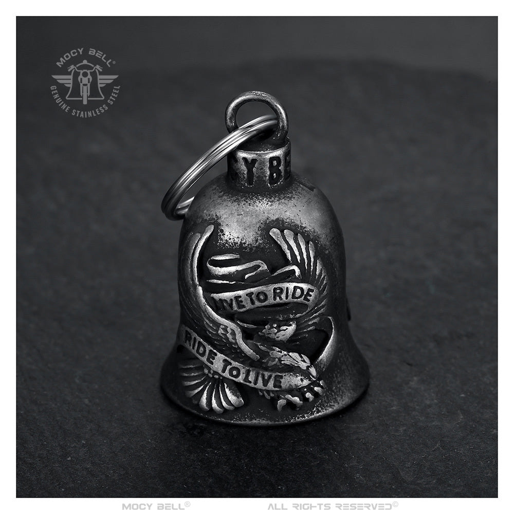Clochette moto vintage Aigle Mocy Bell, talisman motard en acier 316L effet vieilli.