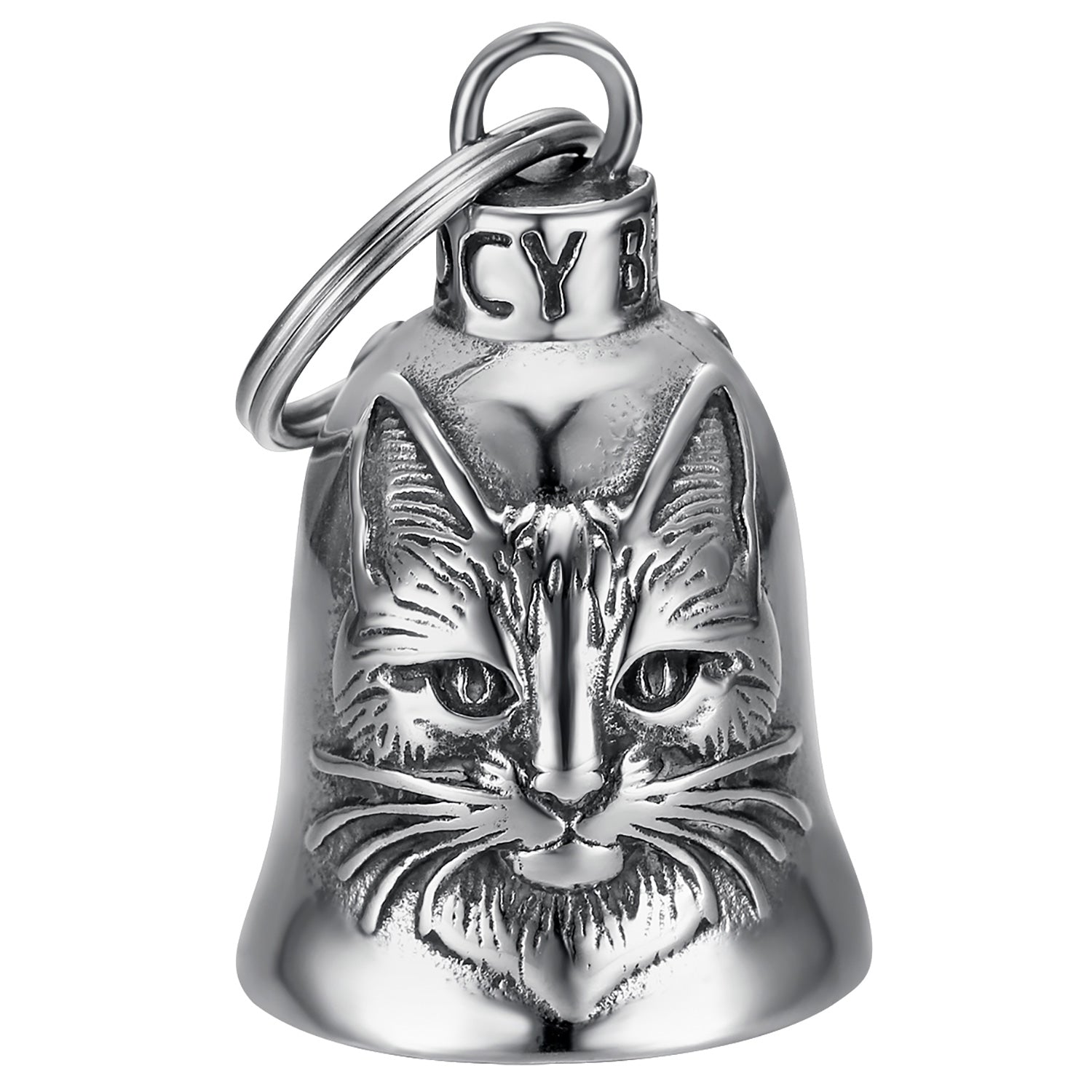 Clochette moto Mocy Bell Chat en acier inoxydable, porte-bonheur motard et symbole de protection.