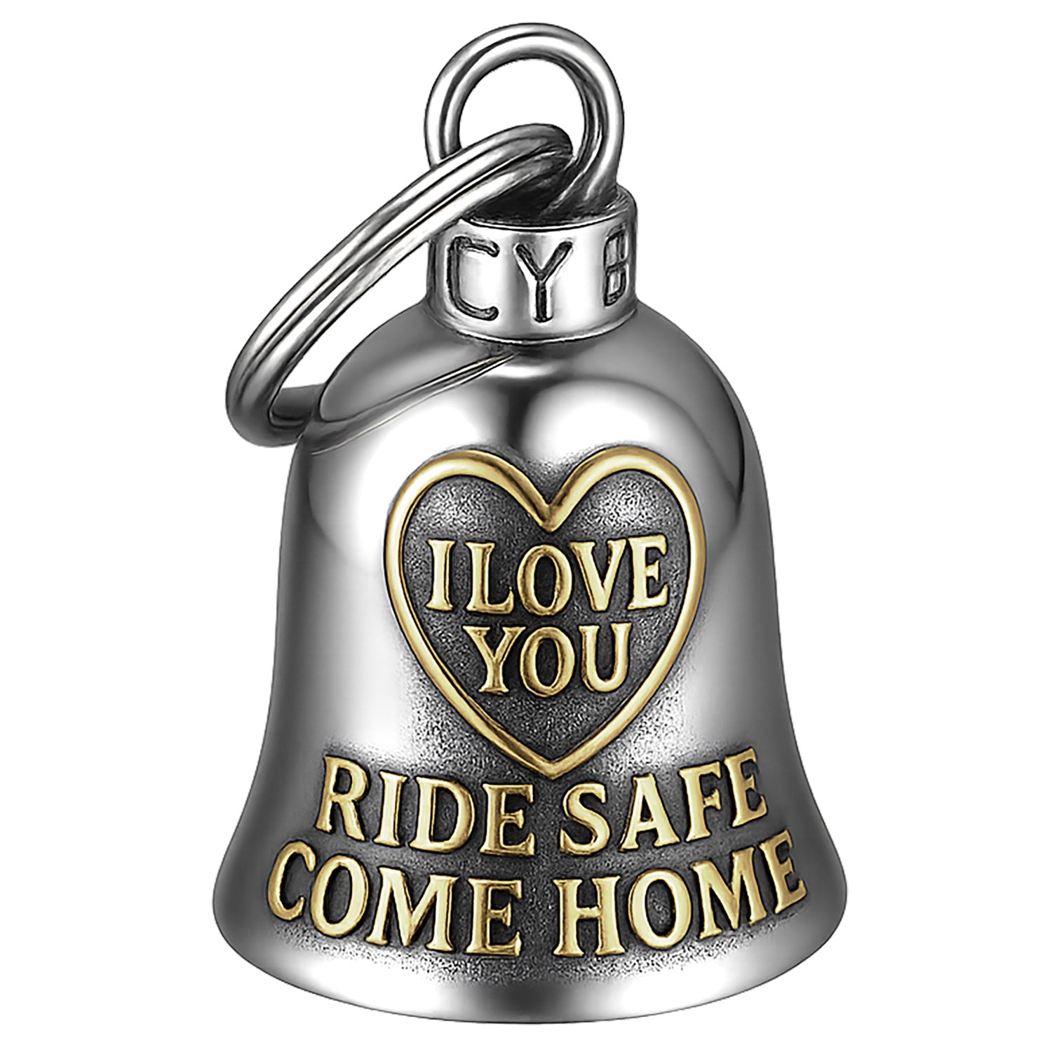Clochette moto dorée I Love You Ride Safe Come Home en acier inoxydable. Cadeau biker symbolisant amour, protection et retour en sécurité.