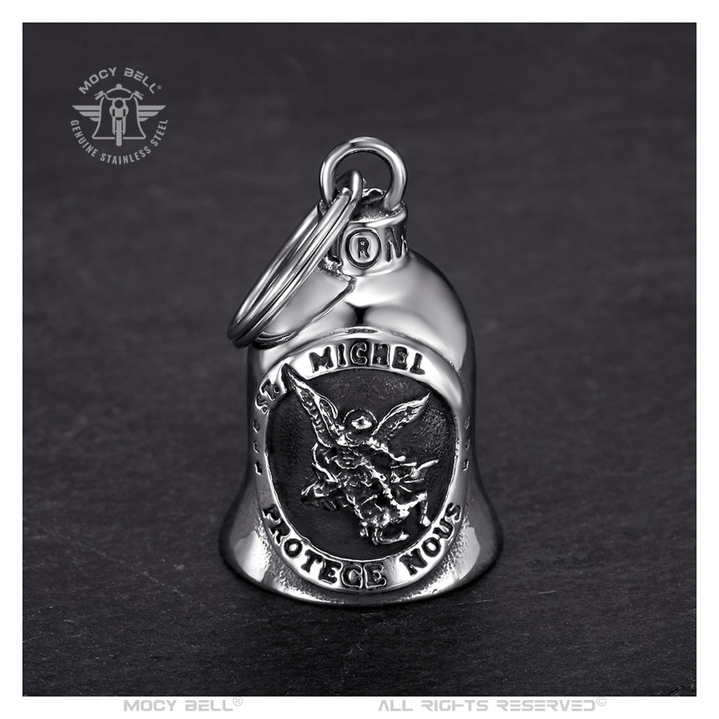 MocyBell Motorcycle Bell "Saint Michael Protect Us" – Stainless Steel | Biker Good Luck Charm | Spiritual Protection for Riders