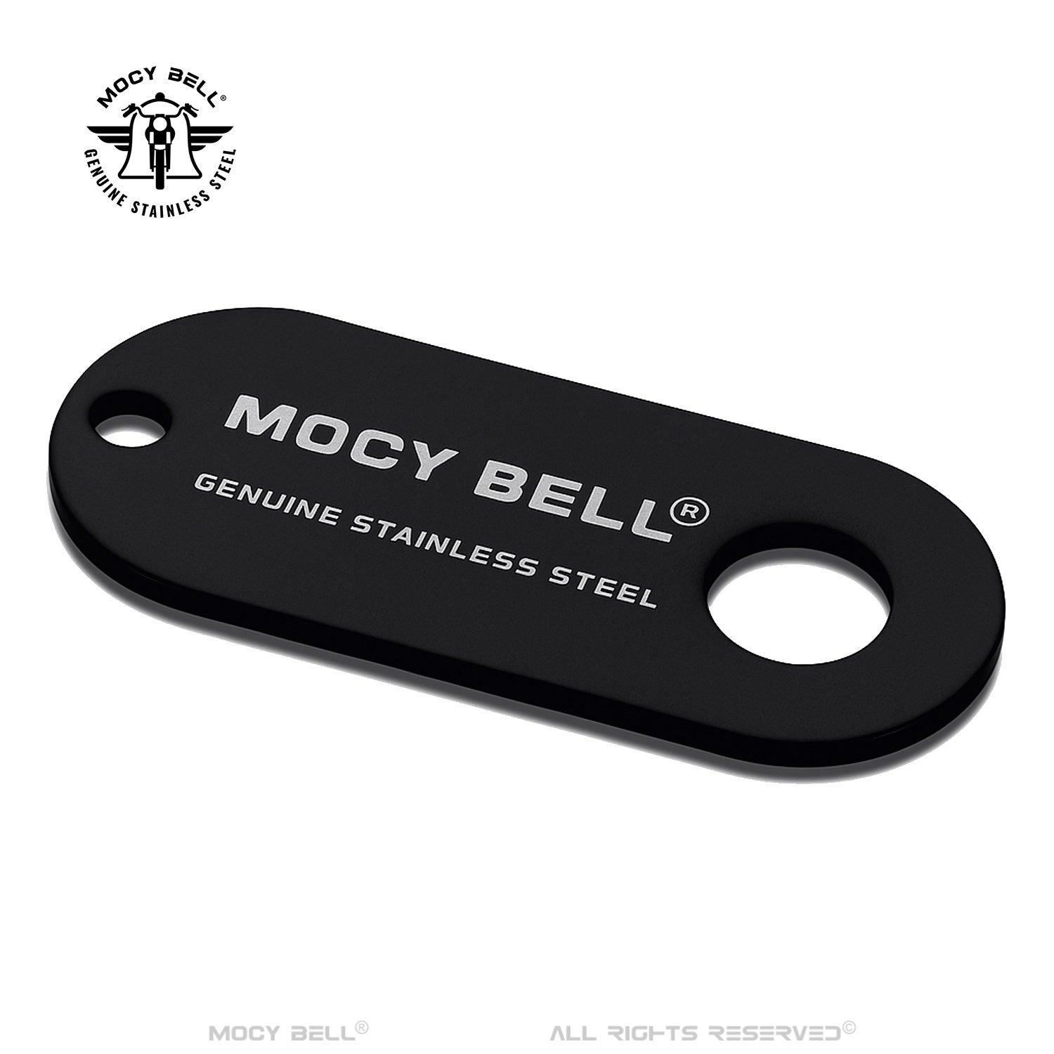 Fixation universelle pour clochette moto, support noir MocyBell résistant aux intempéries et vibrations.