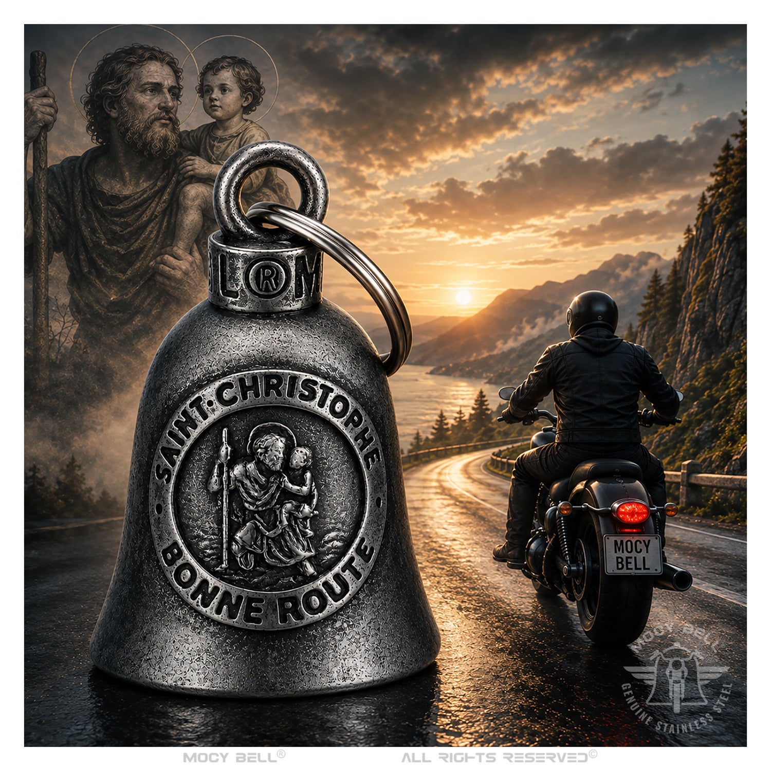 Clochette moto vintage Saint Christophe Bonne Route installée pour un motard sur la route