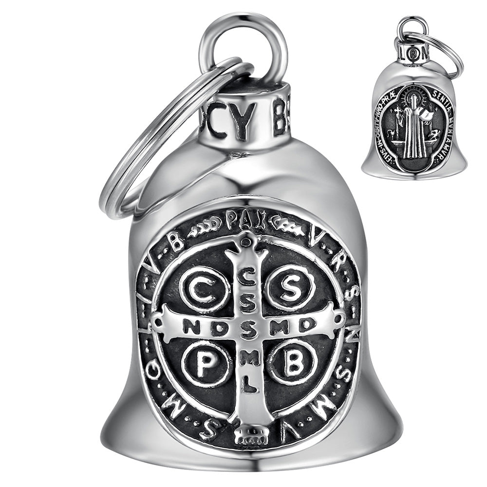 Clochette moto MocyBell Saint Benoît en acier inoxydable, porte-bonheur spirituel offrant protection et sécurité aux motards sur la route.