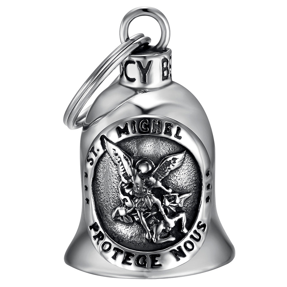 Clochette moto MocyBell “Saint Michel Protège-Nous”, porte-bonheur en acier inoxydable offrant protection et sécurité sur la route pour tous les motards.