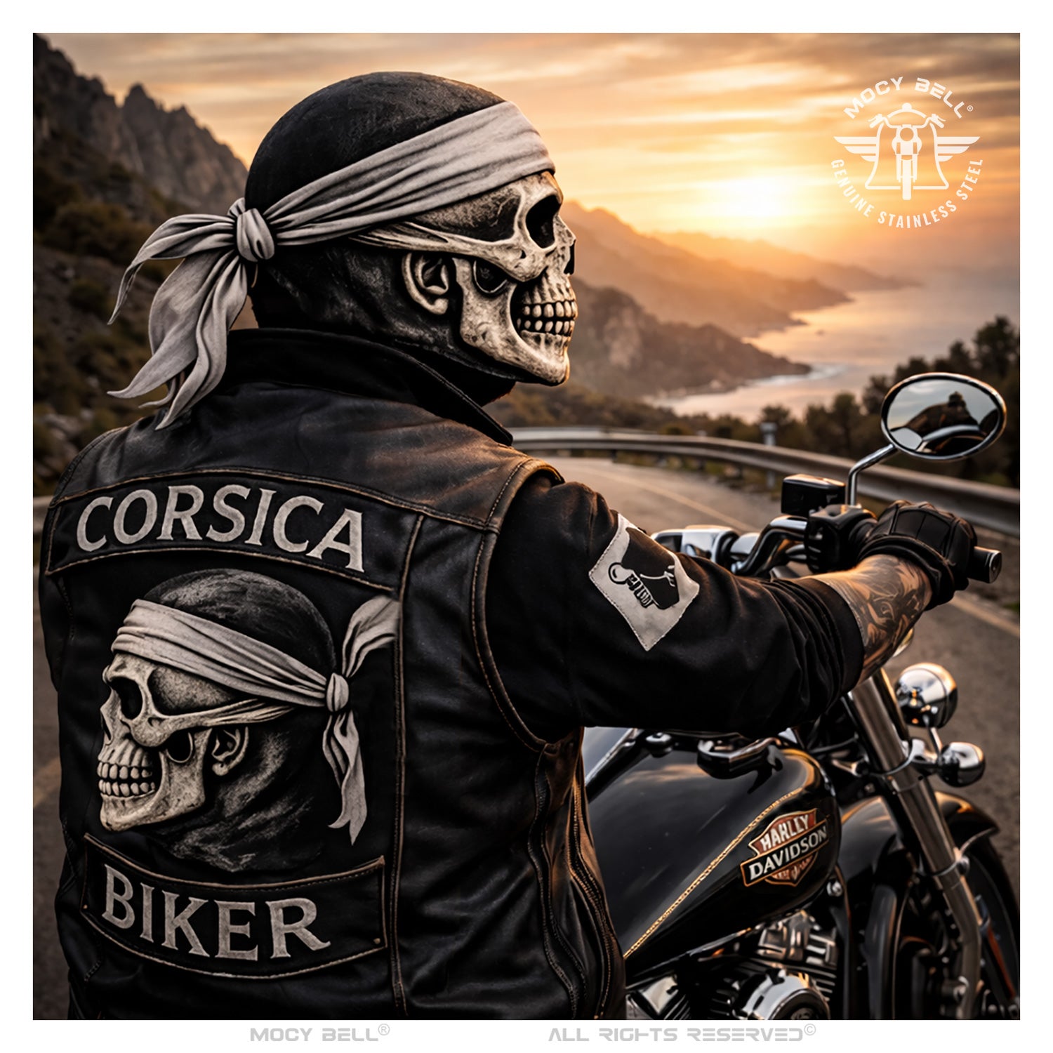 Motard style Corse avec univers biker en arrière plan illustrant l esprit Corsica Biker