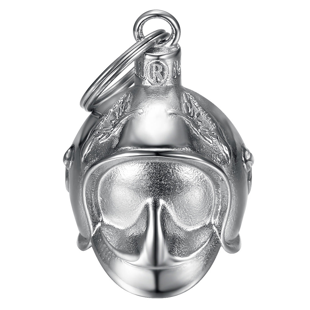 Clochette moto Guardian Bell en forme de casque de pompier, acier inoxydable 316L, vue avant, protection et style pour motards