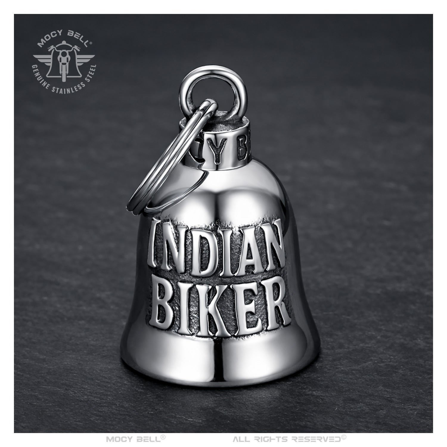 Clochette moto tête d’indien biker vue de profil en acier inoxydable