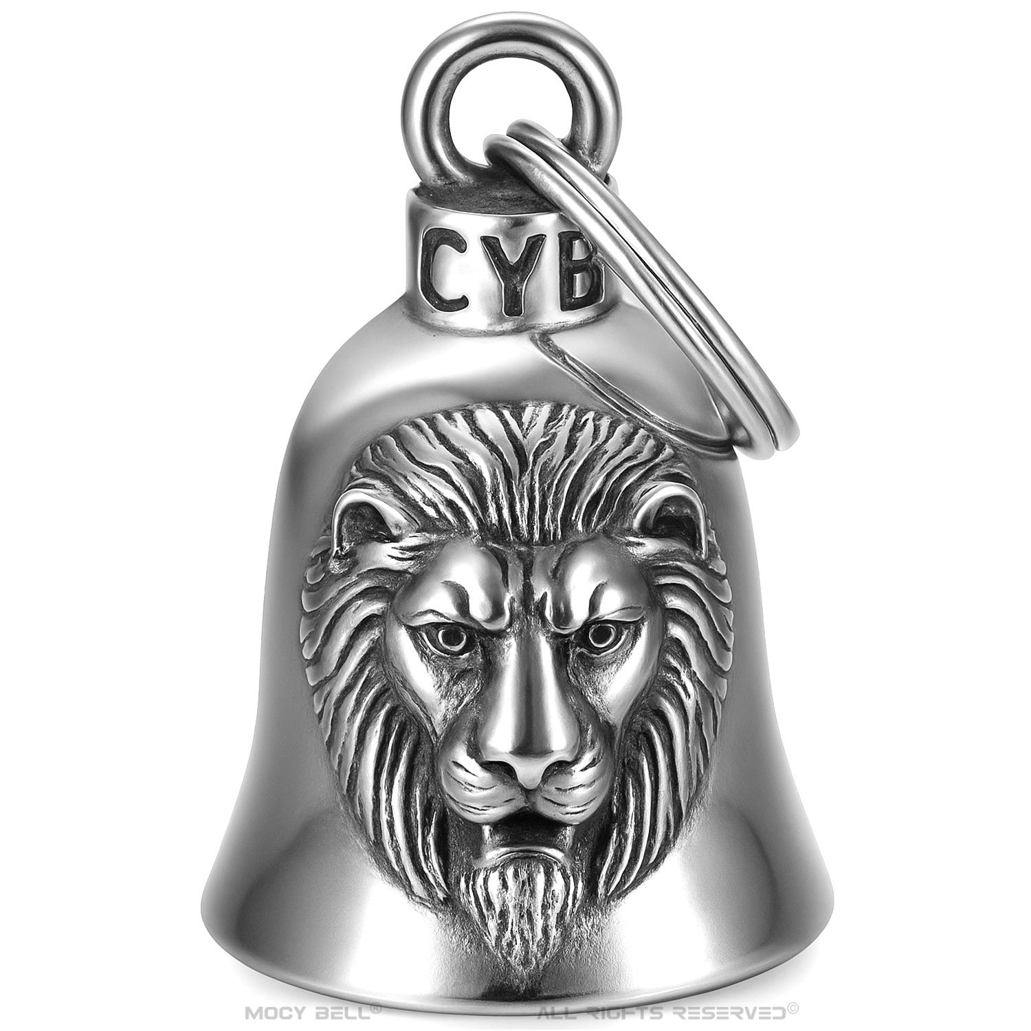 Detail de la clochette moto Lion porte-bonheur montrant le design du lion symbole de courage et d esprit biker