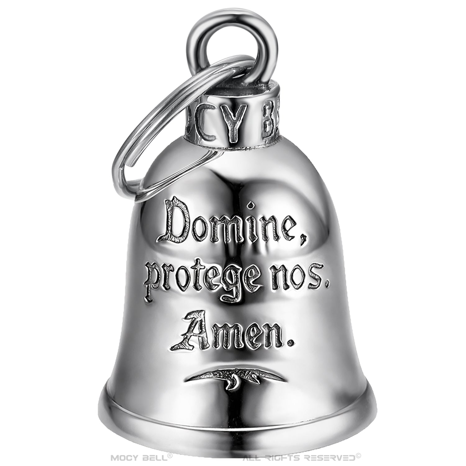 Clochette moto en acier avec mains en prière et inscription Domine protege nos Amen