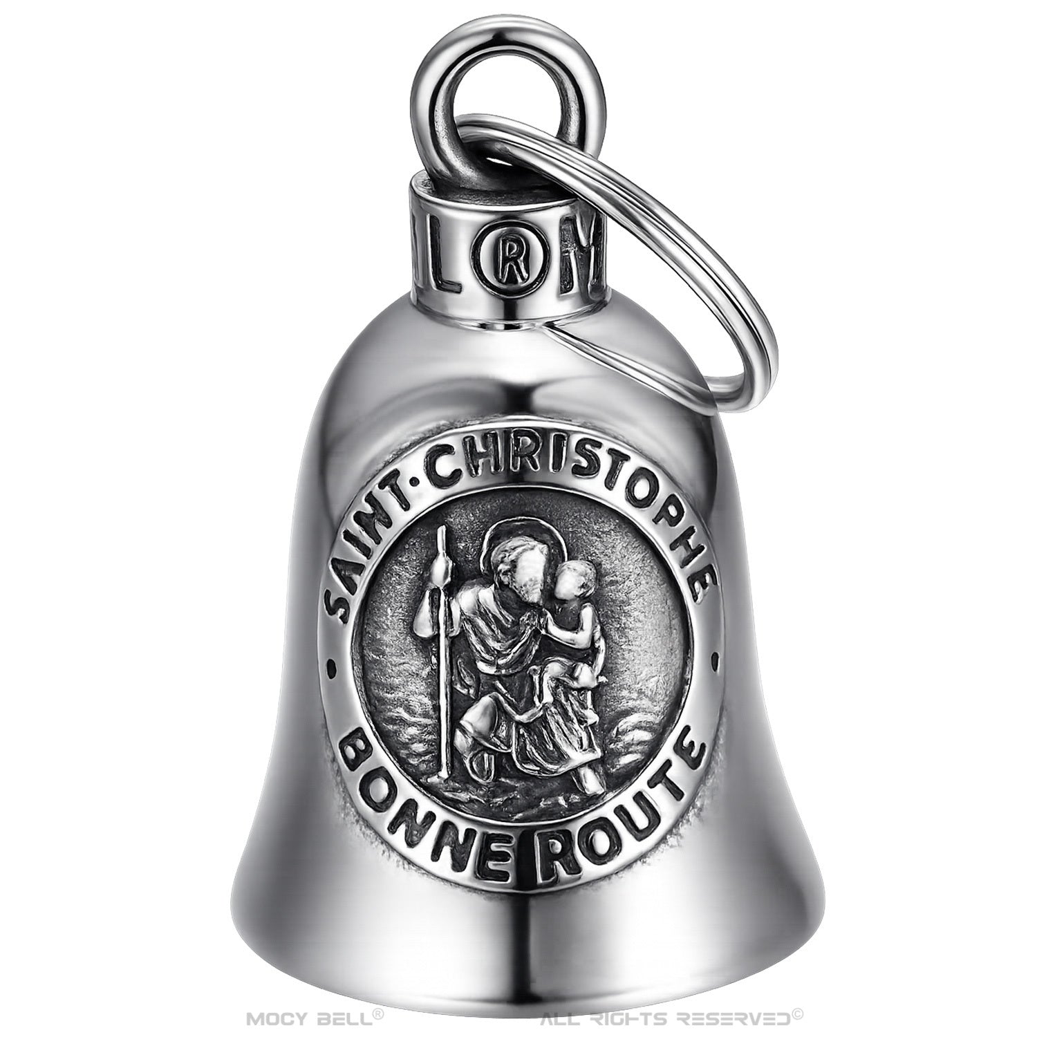 Clochette moto Saint Christophe avec gravure Bonne Route en acier inoxydable protection motard