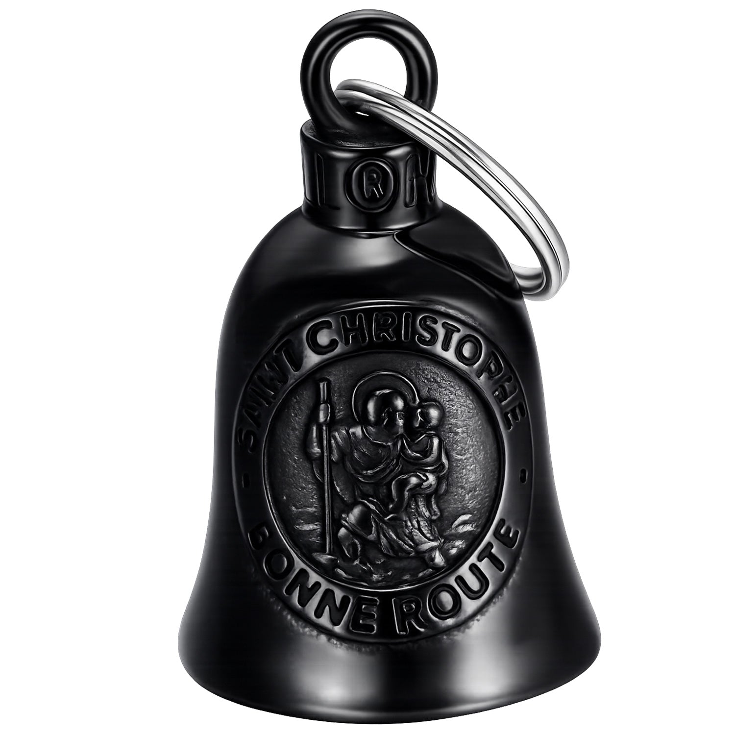 Clochette moto Saint Christophe noire Bonne Route en acier inoxydable porte-bonheur pour motard