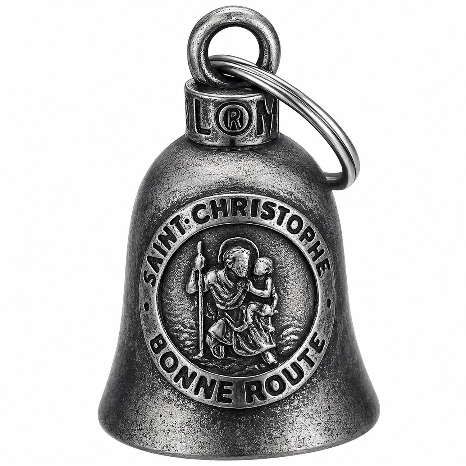 Clochette moto vintage Saint Christophe Bonne Route en acier inoxydable finition acier vieilli MocyBell