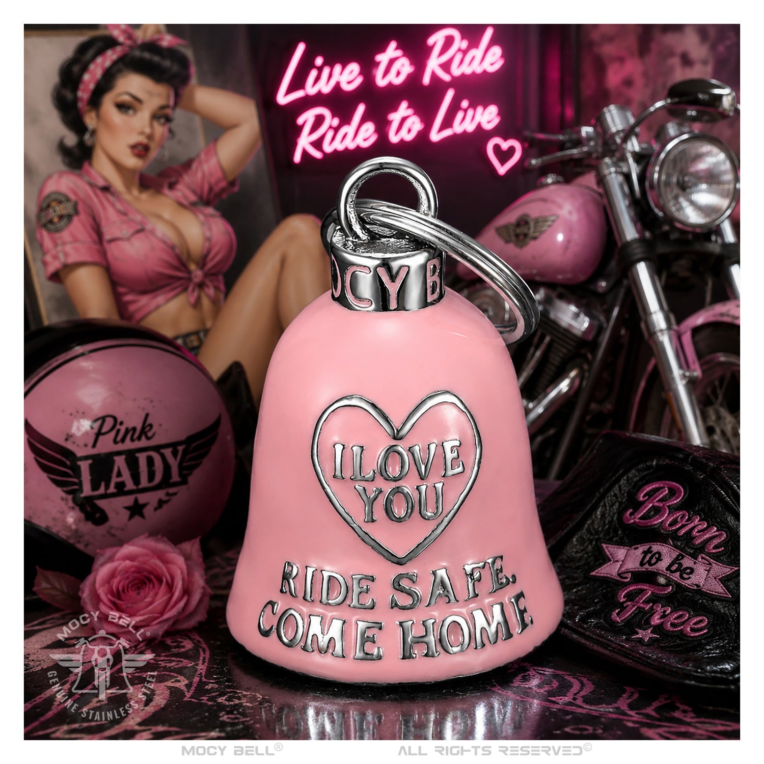 Dos de la Gremlin Bell rose avec inscription Miss Safe Come Home