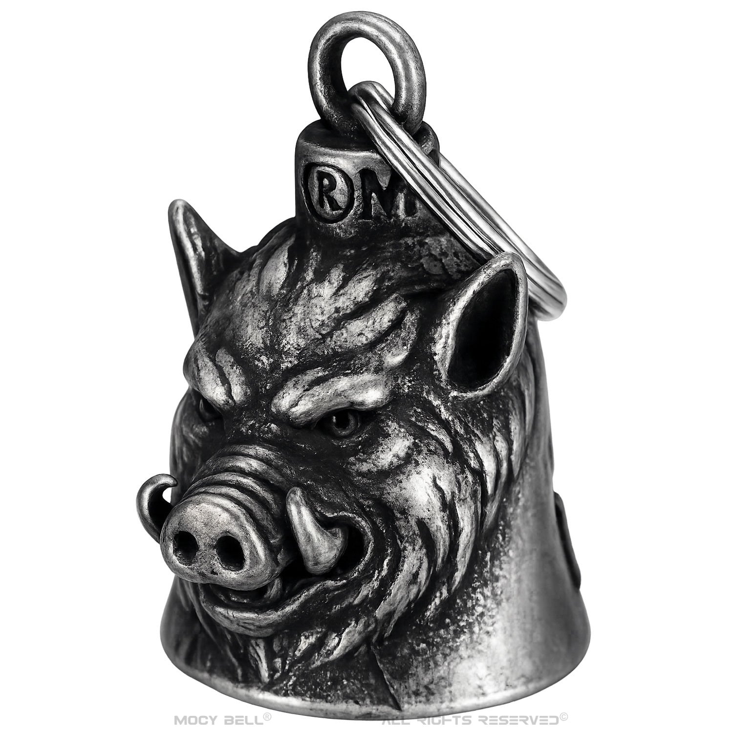 Clochette moto Sanglier Patriote MocyBell vue de face avec motif détaillé