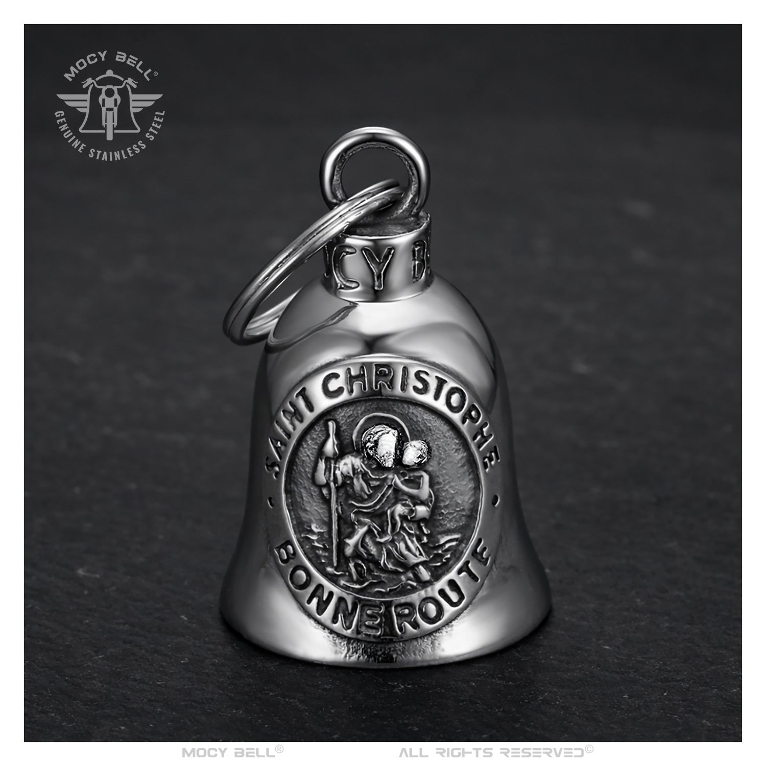 Clochette moto Saint Christophe Bonne Route en acier inoxydable sur fond noir style biker