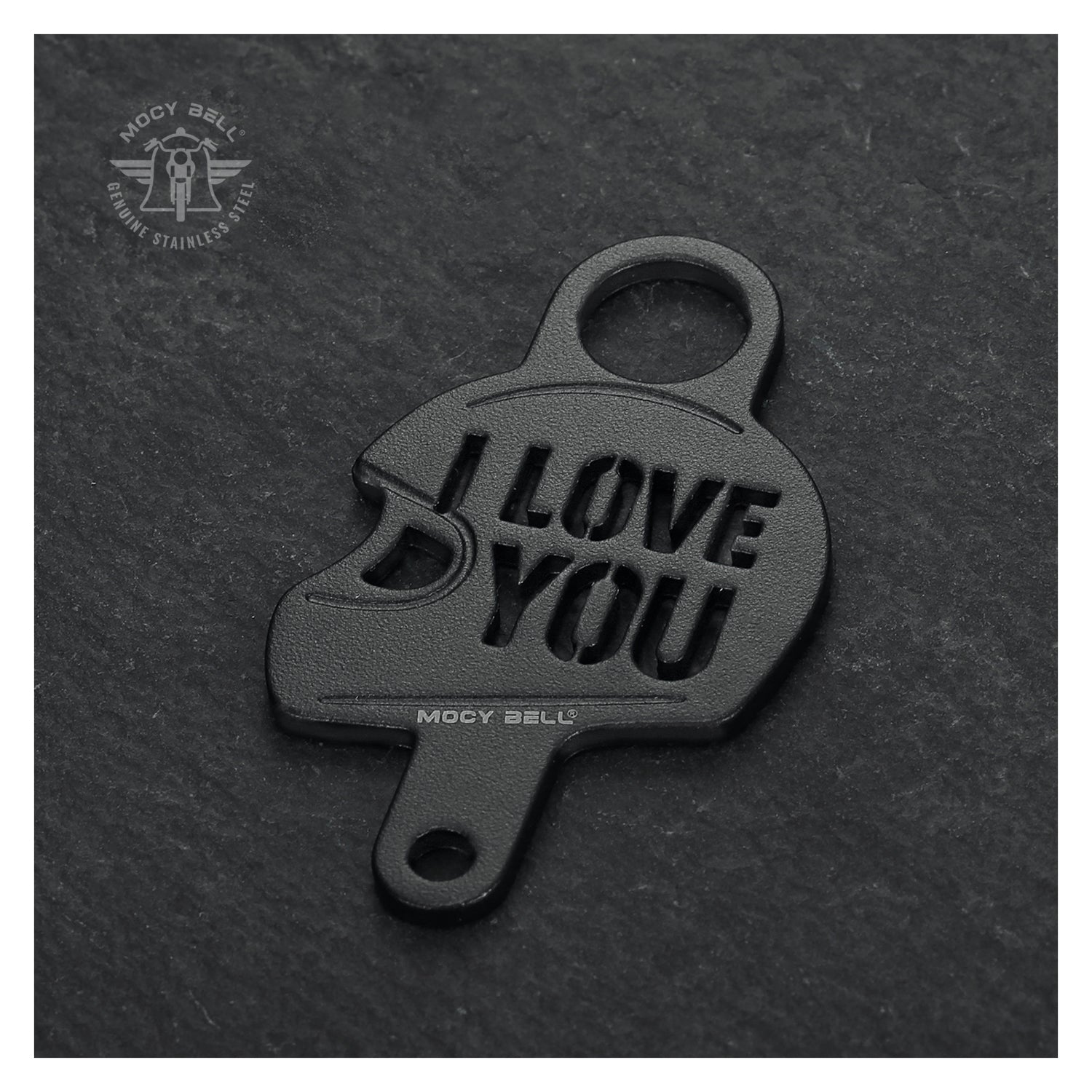 Support clochette moto I Love You noir mat en acier 316L sur fond texturé