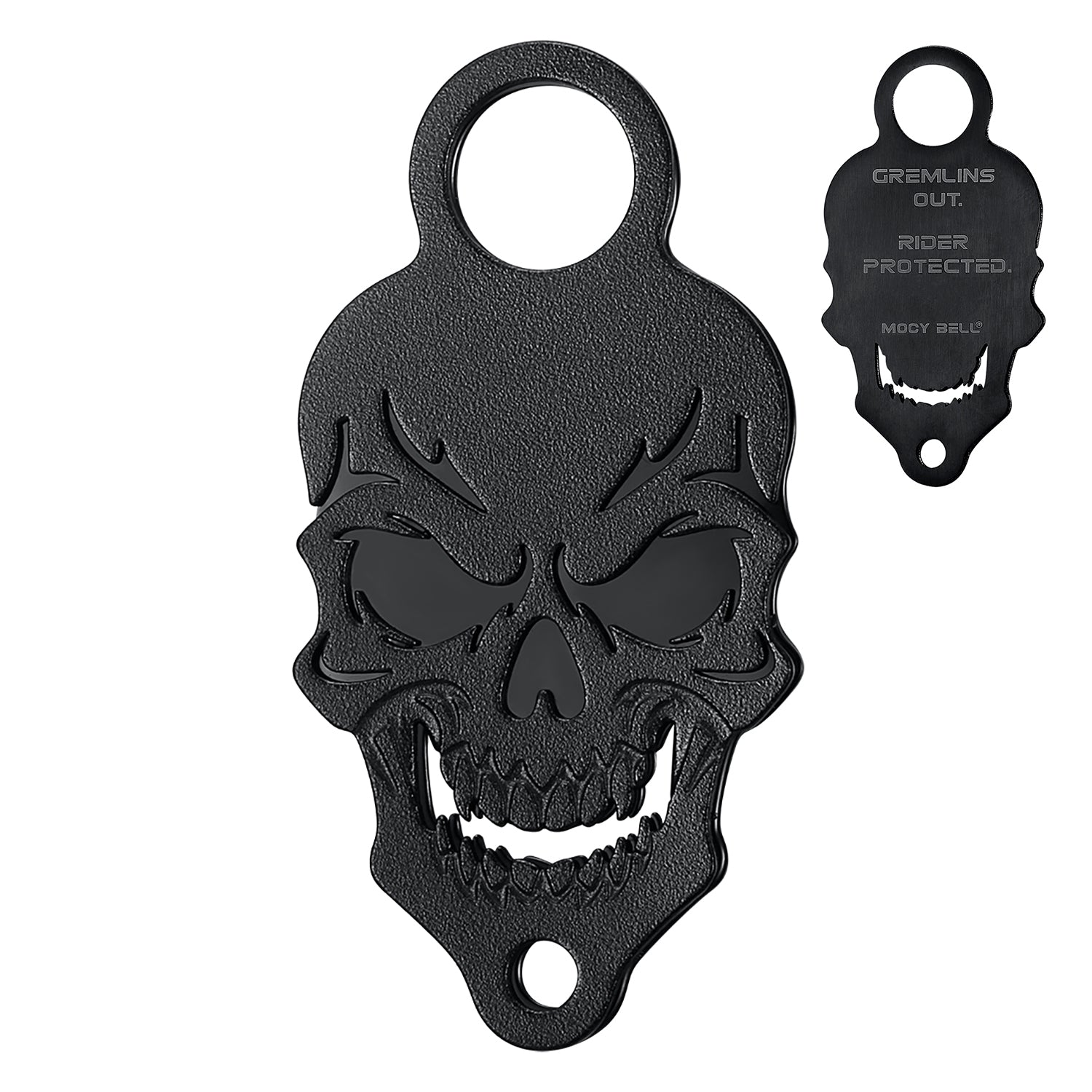 Fixation clochette moto Skull noir mat avec relief profond et finition brute