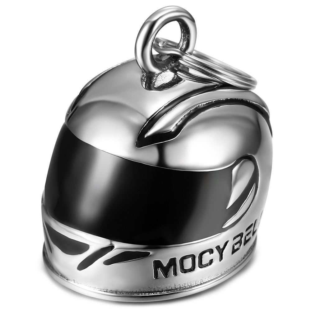 Clochette moto Casque Intégral Mocy Bell en acier inoxydable 316L, symbole de protection et porte-bonheur motard.
