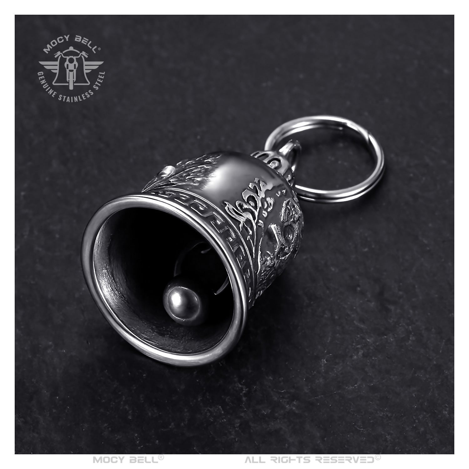 Clochette moto Calavera Mexico, crâne stylisé en acier inoxydable, porte-bonheur biker contre les mauvais esprits.
