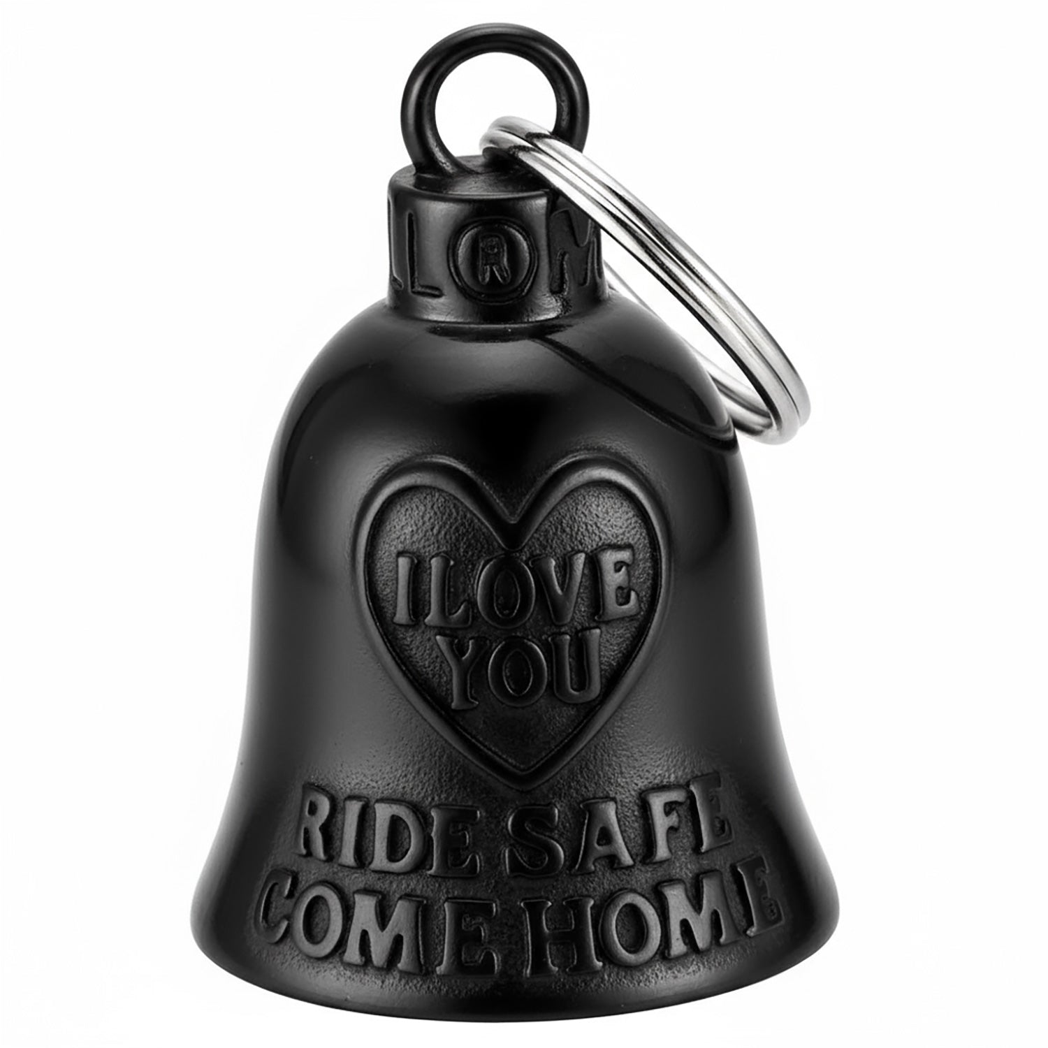 Clochette moto noire I Love You Ride Safe Come Home en acier inoxydable, symbole de protection et d’amour pour motards.
