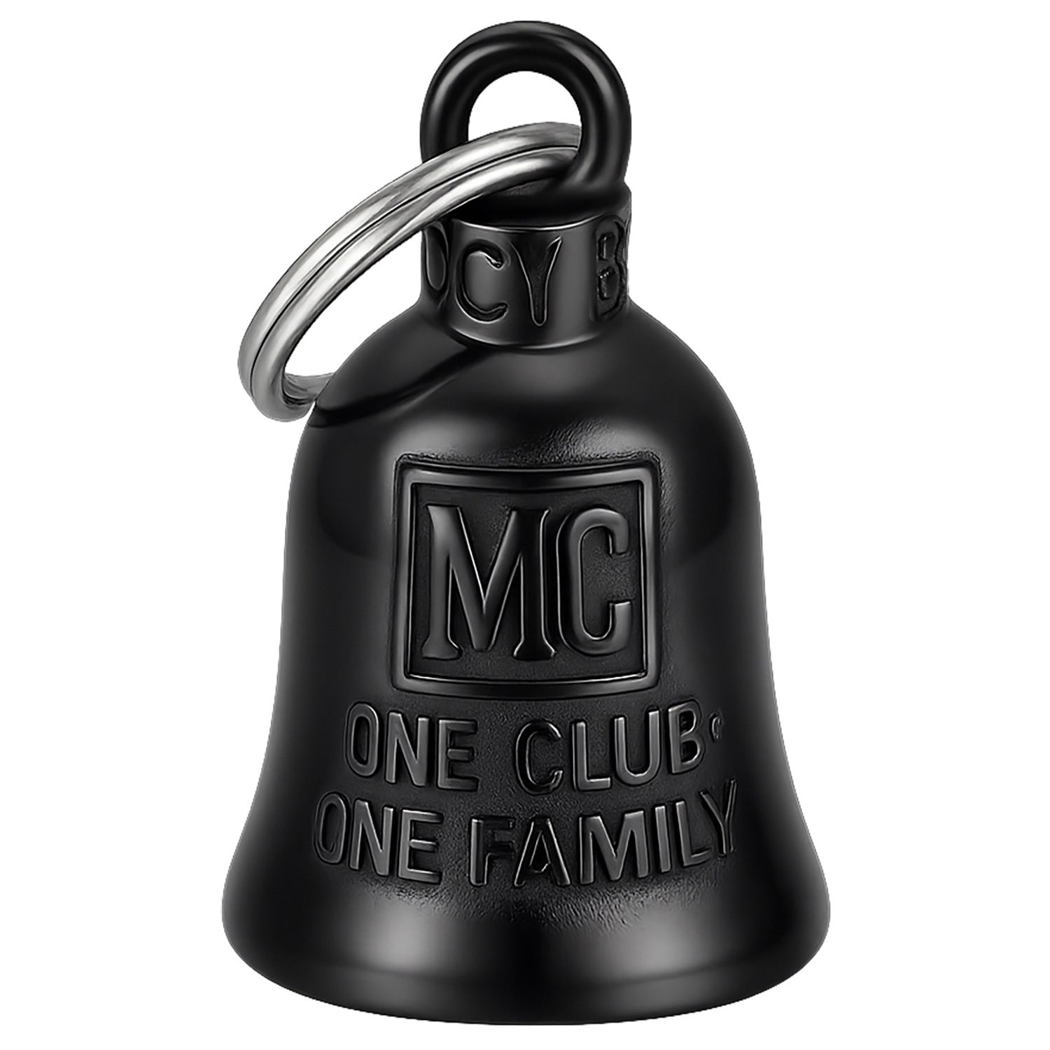 Clochette moto noire titane One Club One Family MocyBell. Symbole de fraternité et loyauté biker, porte-bonheur pour clubs et frères de route.
