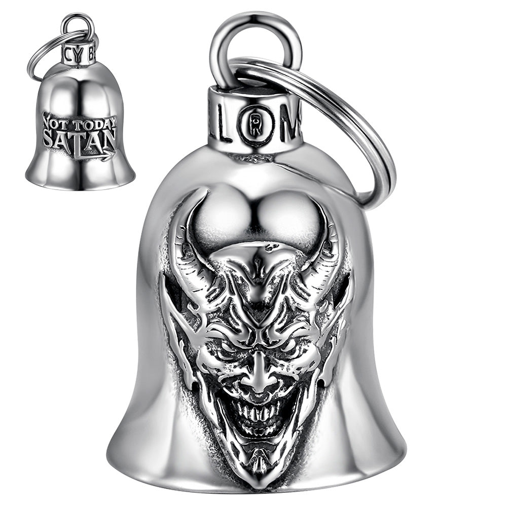 Clochette moto MocyBell “Not Today Satan” en acier inoxydable, talisman biker pour protection et style audacieux sur la route.