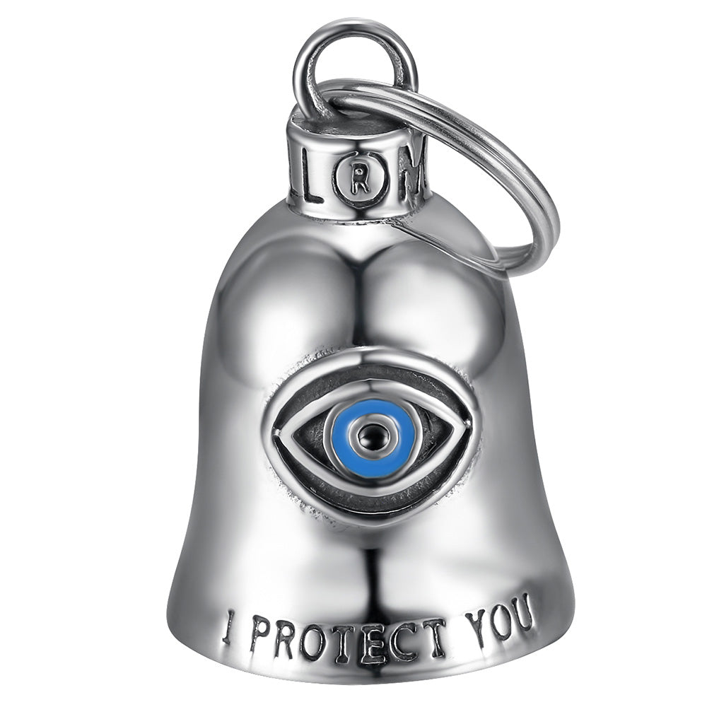 Clochette moto Mocy Bell œil protecteur acier 316L gravée I protect you, porte-bonheur motard.