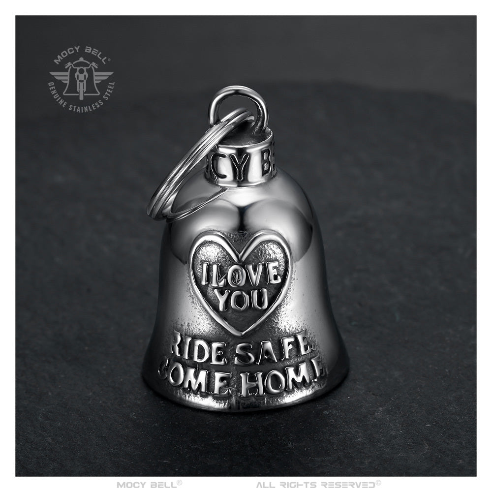Clochette moto amour et protection, message I Love You Ride Safe Come Home, acier durable.