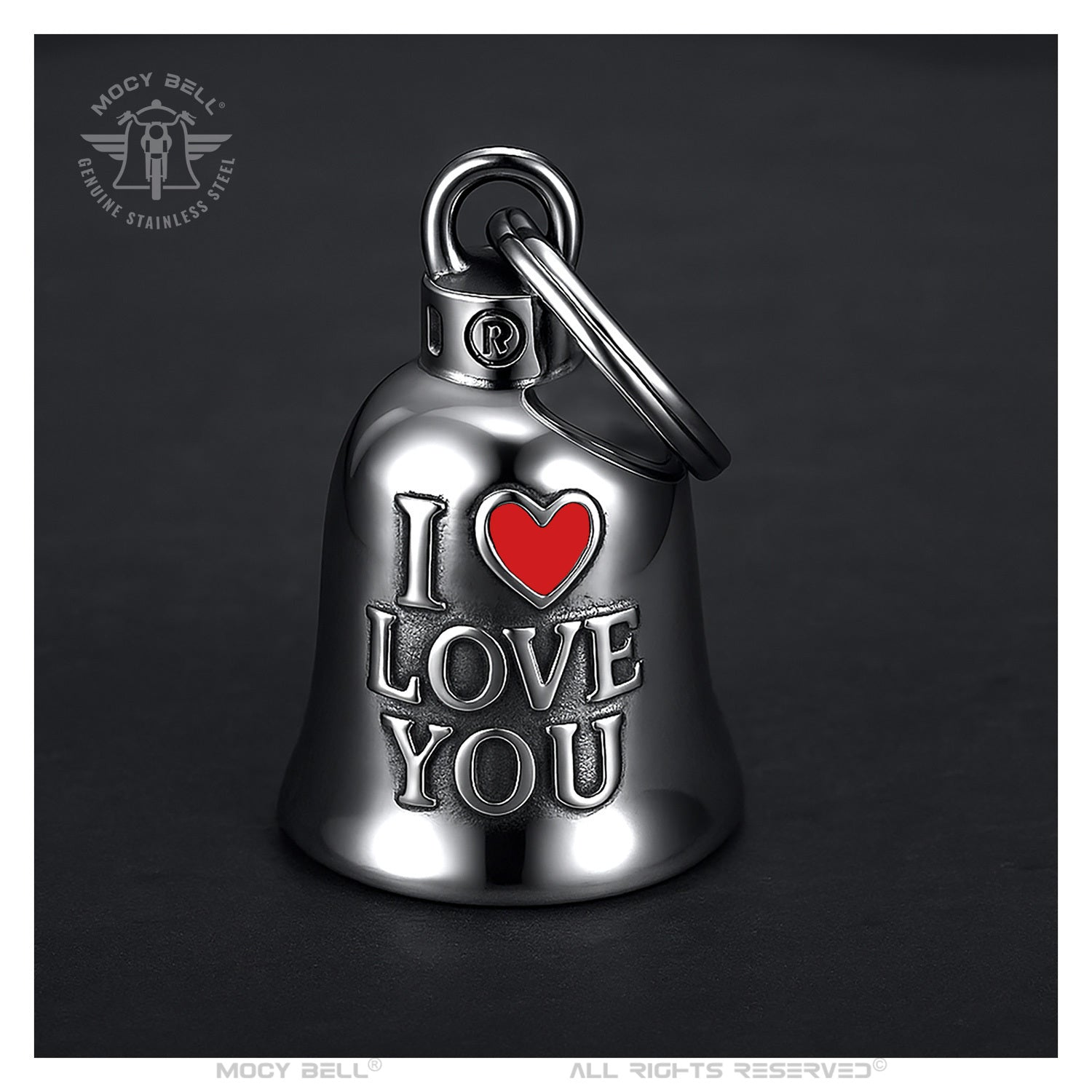 Clochette moto MocyBell argent cœur rouge I Love You. Cadeau d’amour pour motards, protection, tradition biker et lien sincère sur la route.
