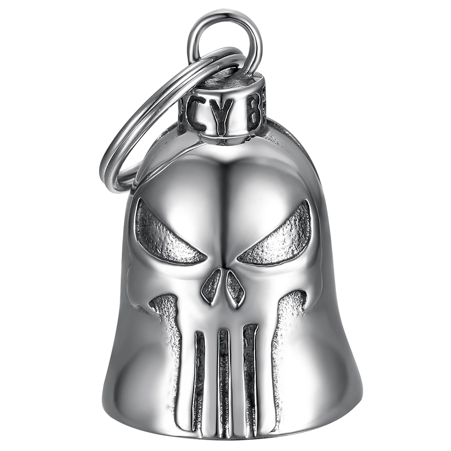 Clochette moto The Punisher MocyBell en acier inoxydable, porte-bonheur biker et protection route.