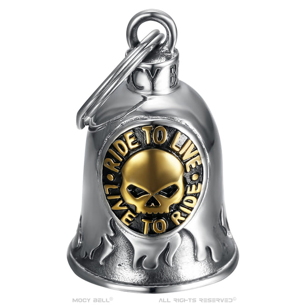 Clochette Moto Mocy Bell Skull Ride to Live en Acier Inoxydable Argent et Or