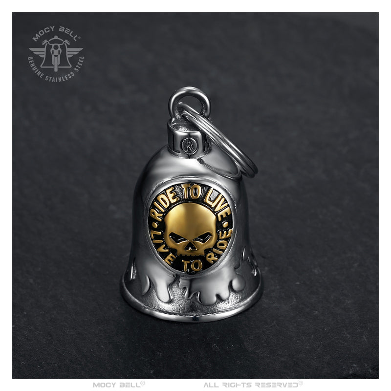 Clochette Moto Mocy Bell Skull Ride to Live en Acier Inoxydable Argent et Or