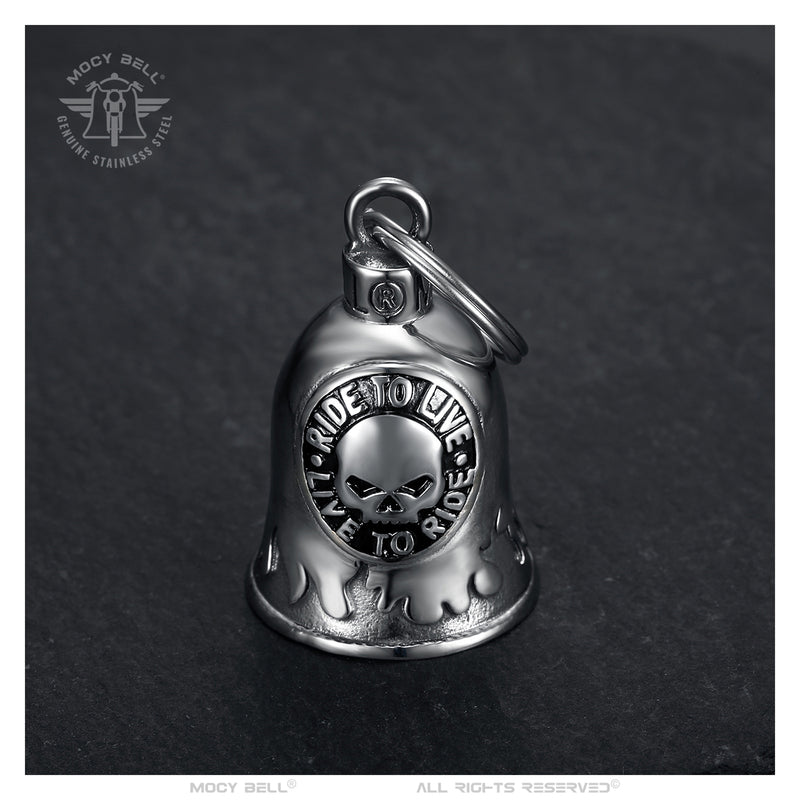 Clochette Moto Mocy Bell Skull Ride to Live en Acier Inoxydable Argent