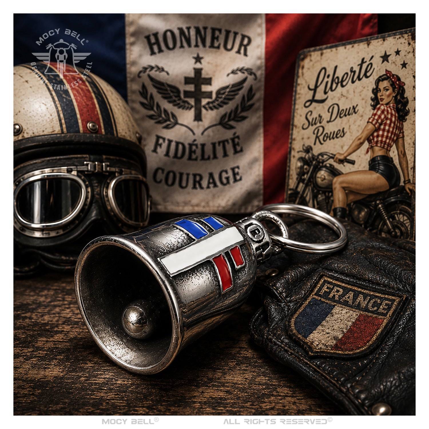 Clochette moto Croix de Lorraine dans un univers biker français vintage