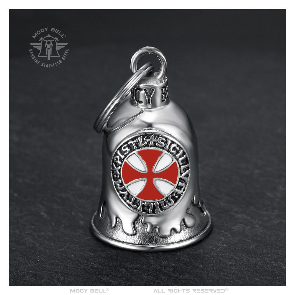 Clochette moto Mocy Bell Templier avec croix pattée rouge et devise “Sigillum Militum Xpisti”, talisman pour motards.