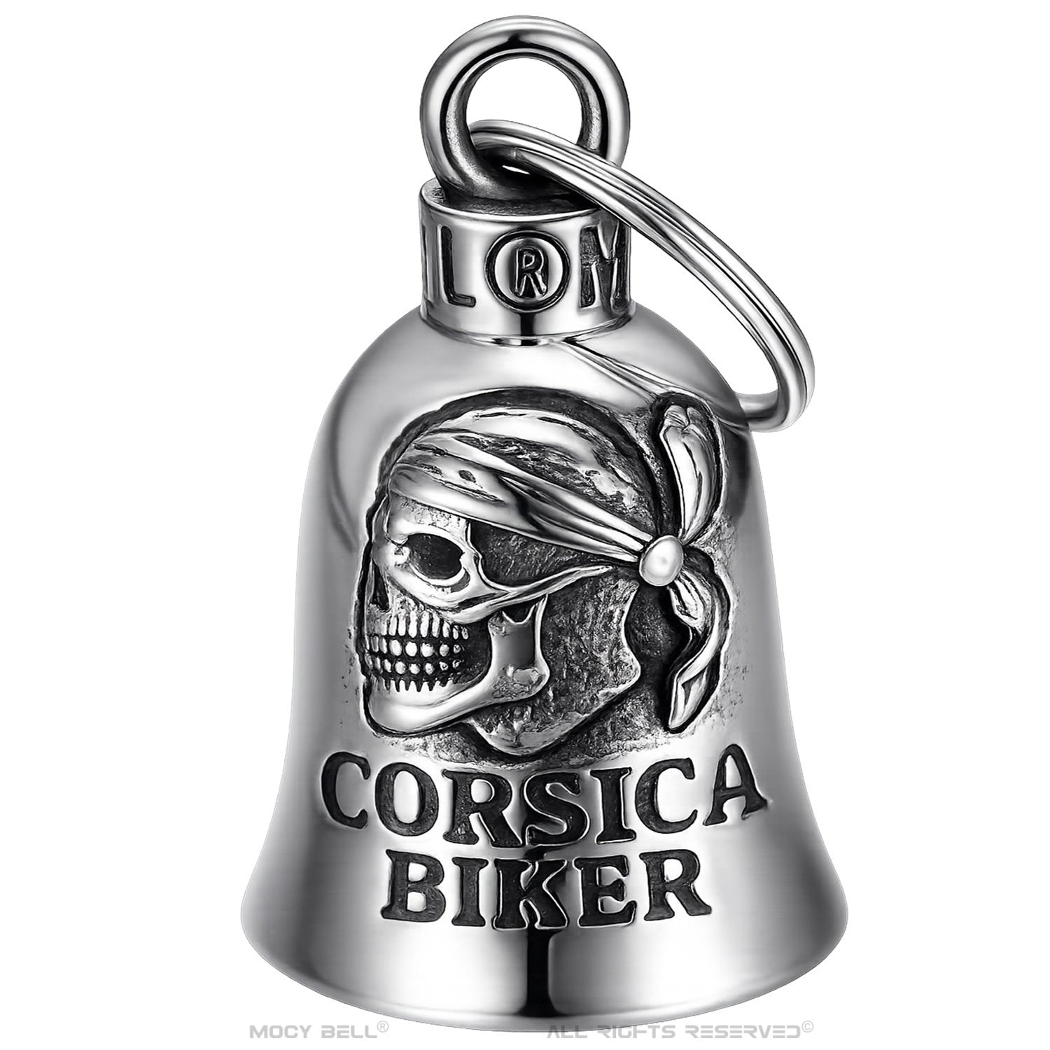 Clochette moto Corsica Biker avec gravure tête de mort en acier inoxydable style biker
