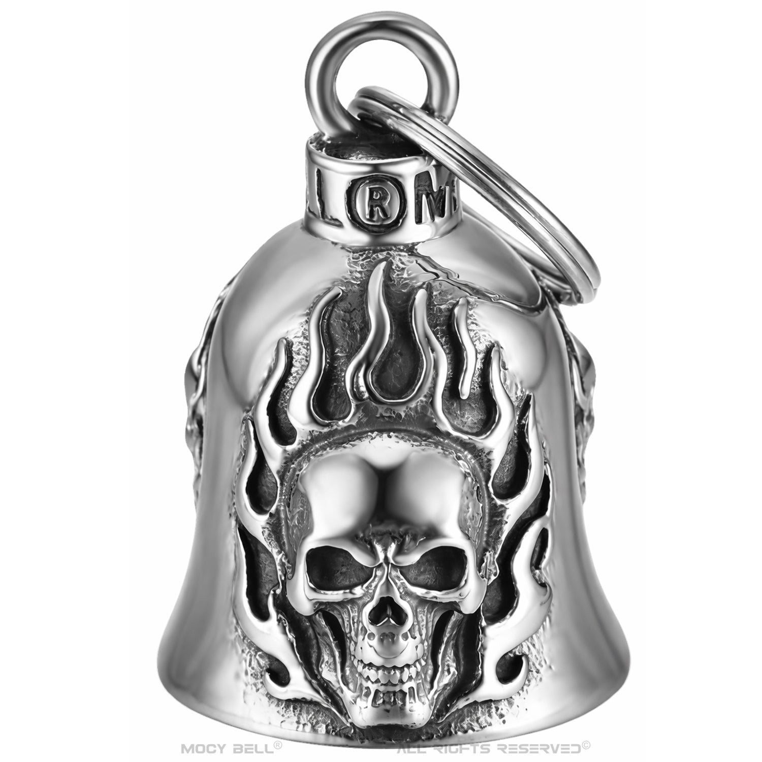 Clochette moto HD Till The End en acier vue en angle avec anneau de fixation