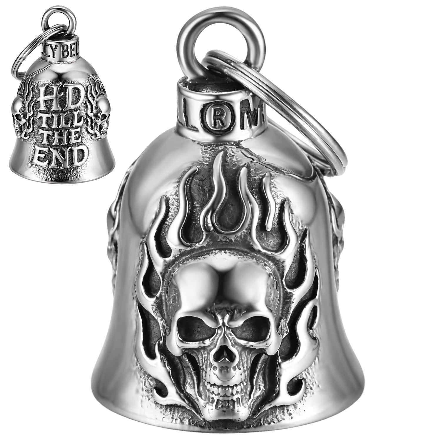 Clochette moto HD Till The End en acier avec tête de mort et flammes vue de face