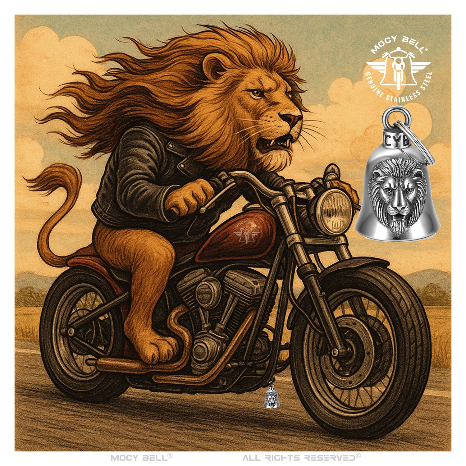 Clochette moto Lion porte-bonheur fixee sous une moto pres du cadre selon la tradition biker