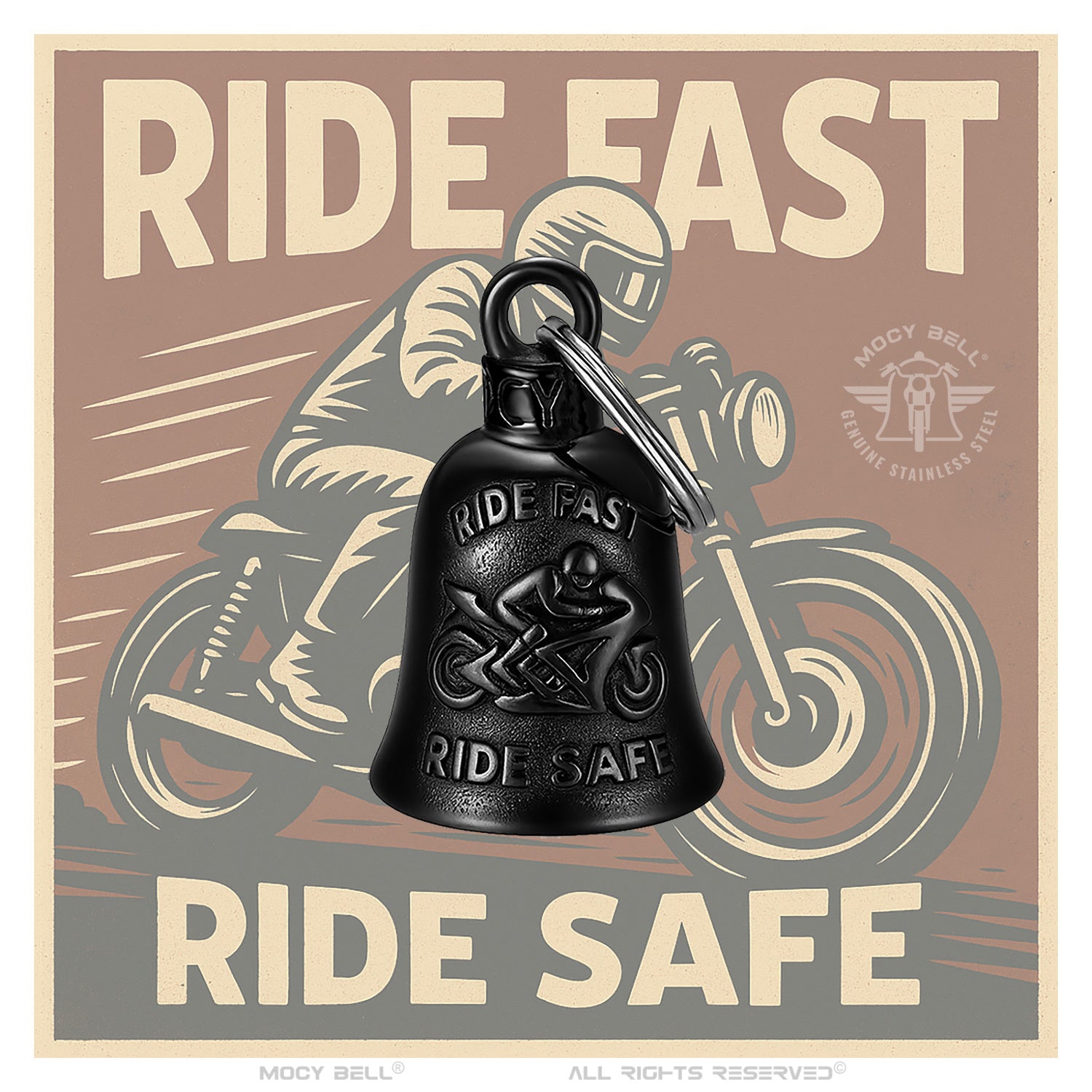 Clochette moto Ride Fast Ride Safe fixée sous une moto selon la tradition biker pour accompagner chaque trajet