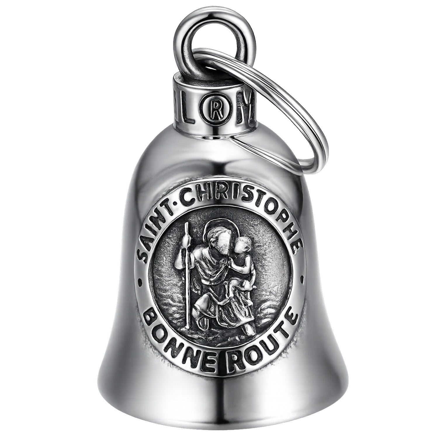 Clochette moto Saint Christophe Bonne Route en acier inoxydable 316L porte-bonheur pour motard