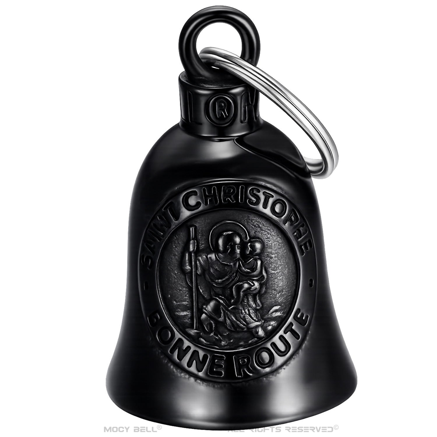 Clochette moto Saint Christophe noire avec gravure Bonne Route en acier inoxydable protection motard
