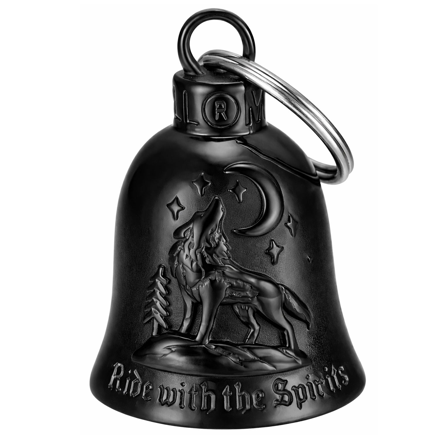 Clochette moto Loup Ride with the Spirit noir titane MocyBell vue de face