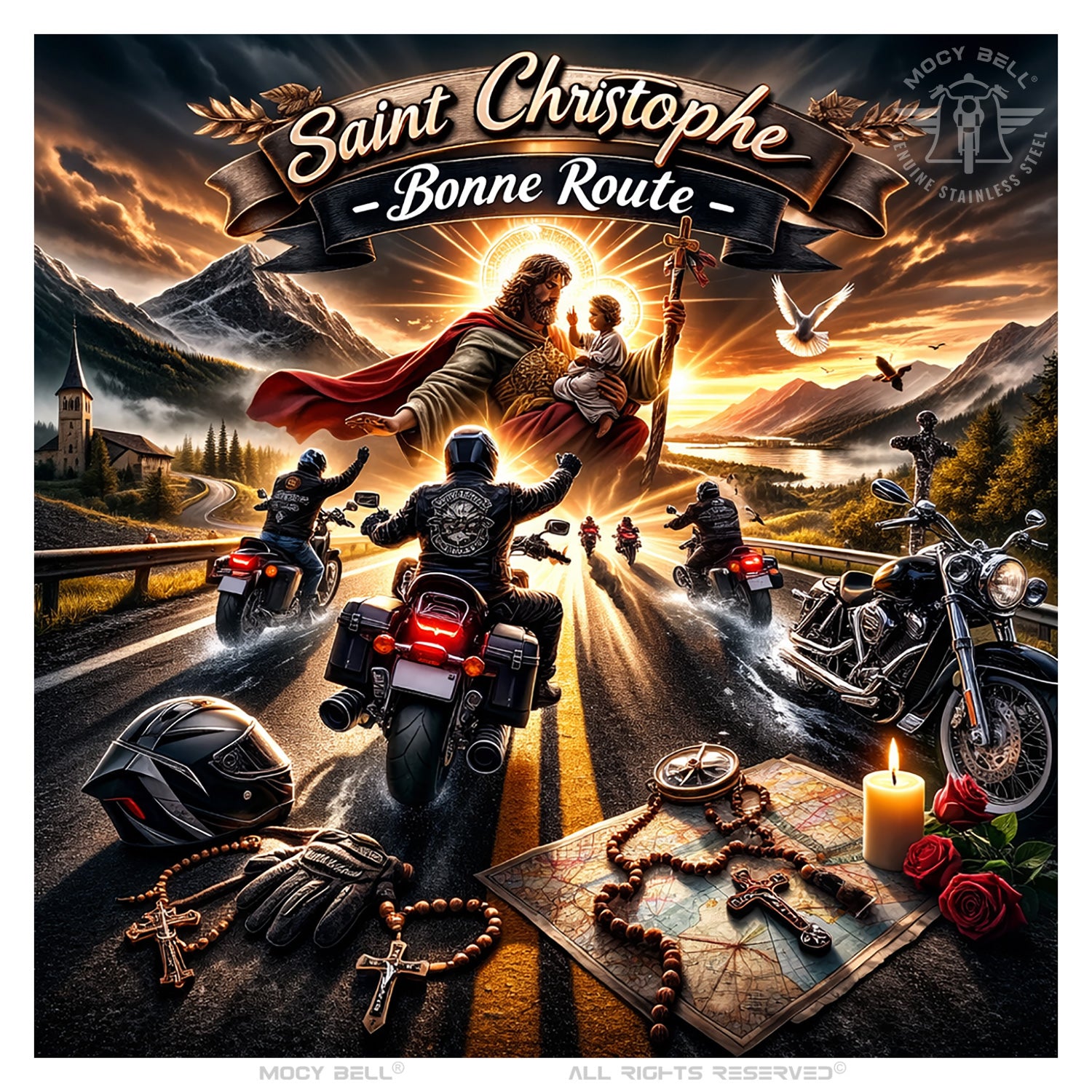 Motard avec Saint Christophe Bonne Route clochette moto porte-bonheur en situation