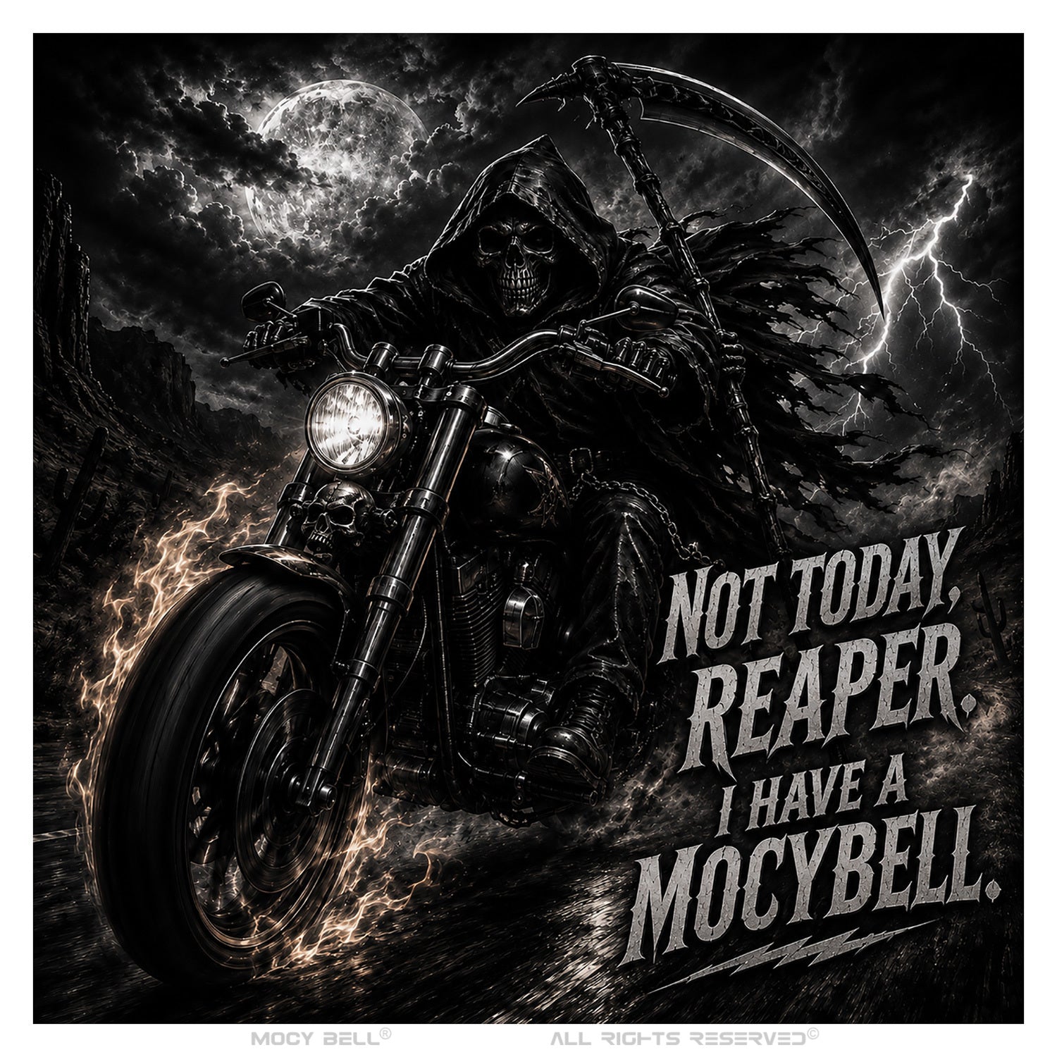 Visuel Not Today Reaper avec moto custom et univers dark MocyBell
